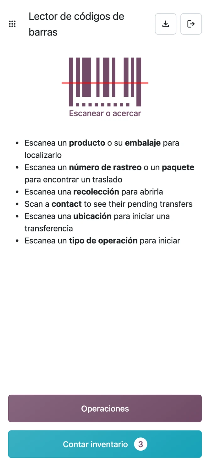 App de código de barras de Odoo en la terminal: inicio con Operaciones y Contar inventario.