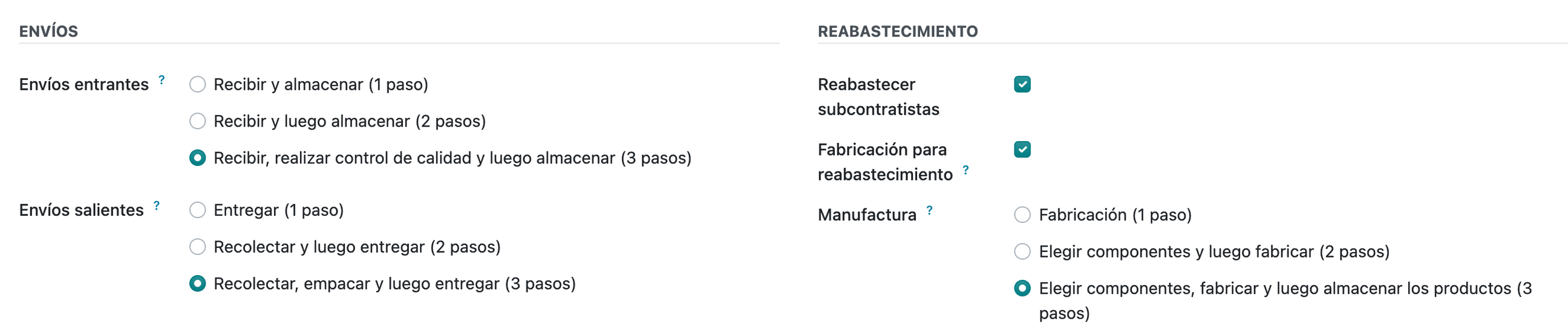 Configuración del almacén en Odoo 20: envíos entrantes en tres pasos, envíos salientes en tres pasos y manufactura en tres pasos.