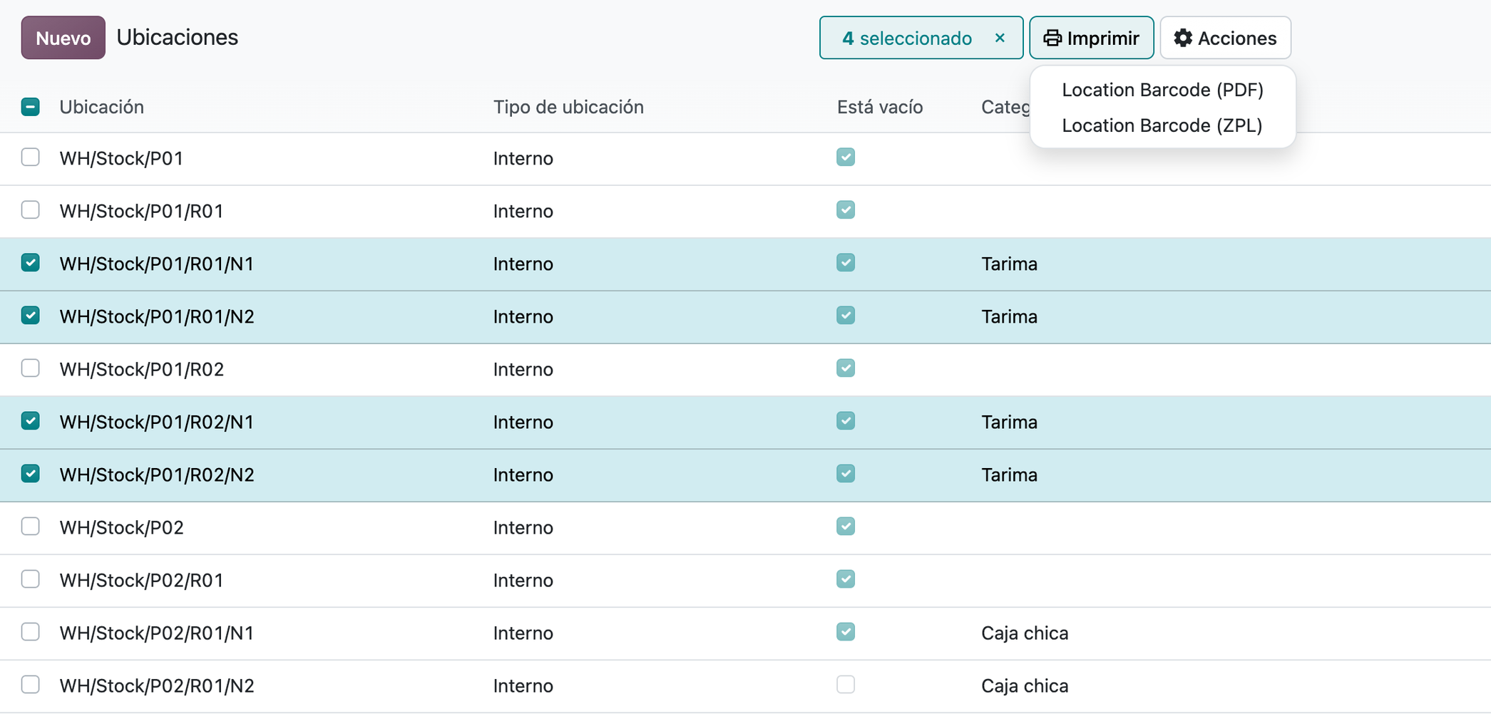 La misma lista con cuatro niveles seleccionados y el menú Imprimir abierto en Location Barcode (PDF) y Location Barcode (ZPL).