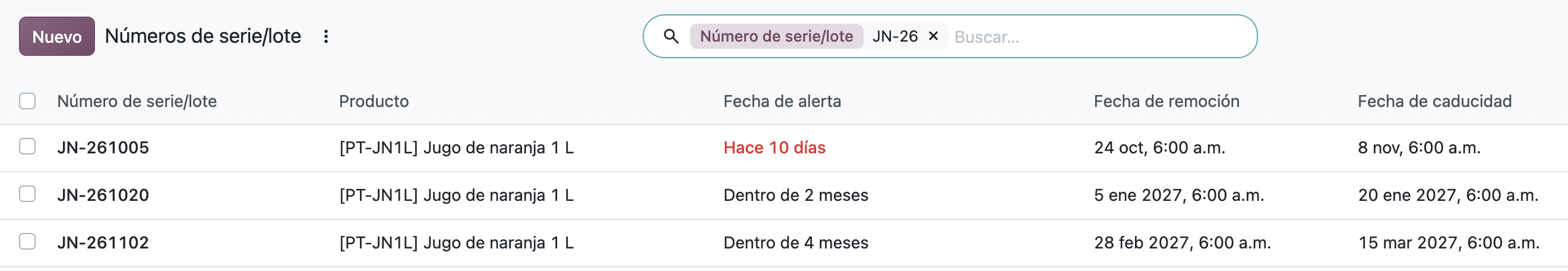 Tres lotes de Jugo de naranja 1 L con su fecha de alerta, de remoción y de caducidad.