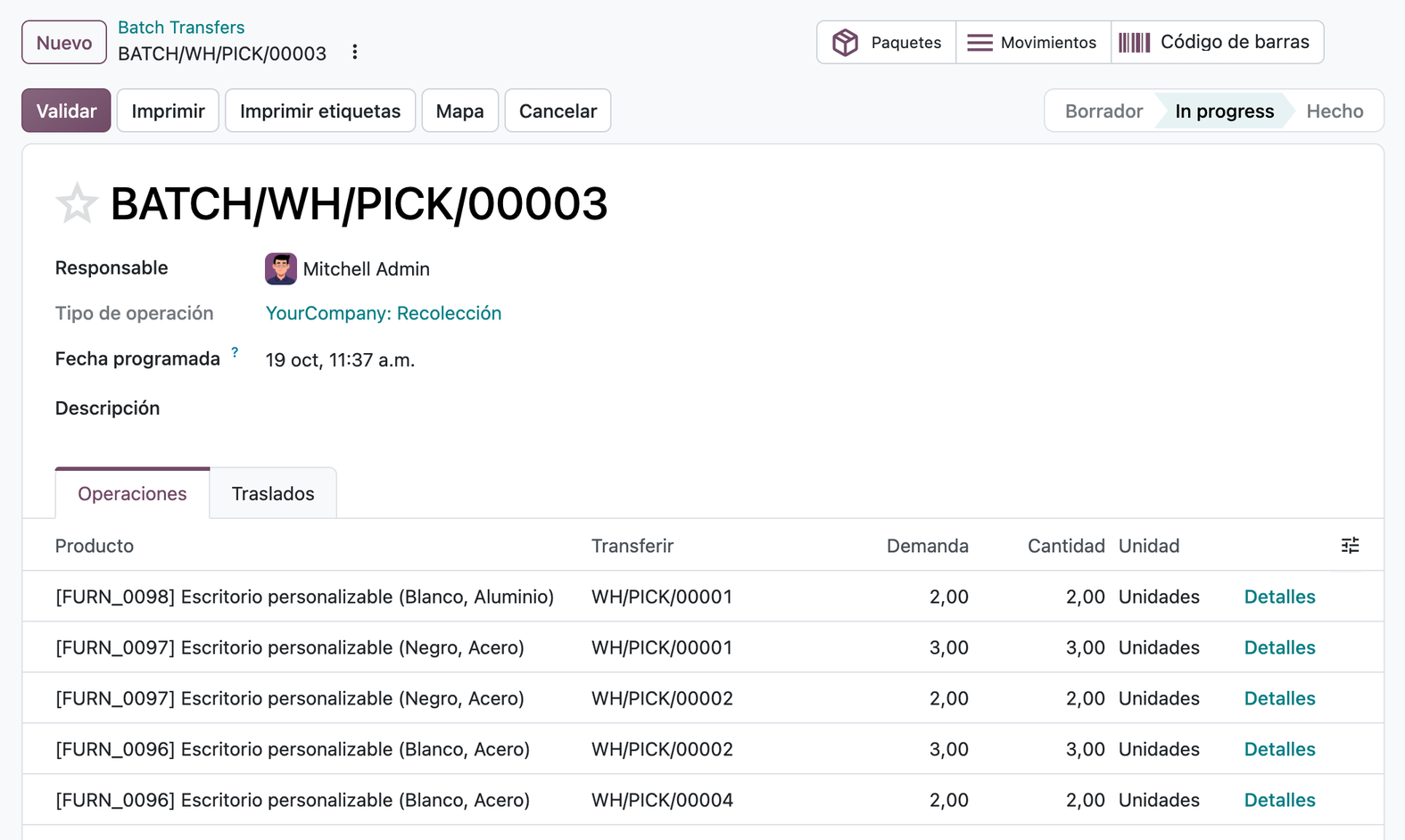 Lote de traslados BATCH/WH/PICK/00003 con las operaciones de tres recolecciones: WH/PICK/00001, 00002 y 00004.